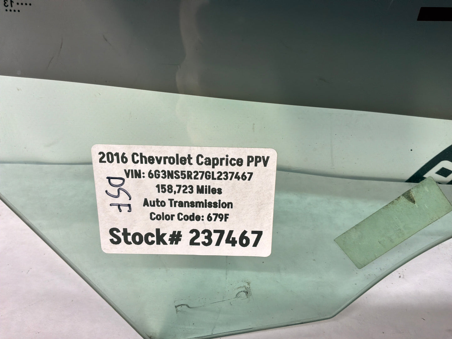 2016 Chevy Caprice PP LH Driver Front Door Window Glass OEM