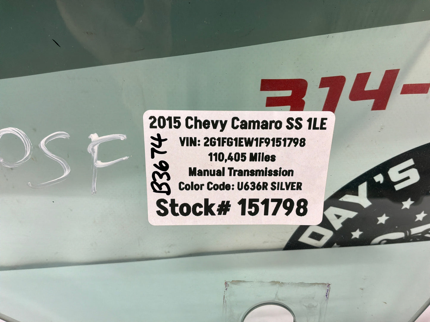 2015 Chevy Camaro SS 1LE RH Passenger Front Door Window Glass OEM