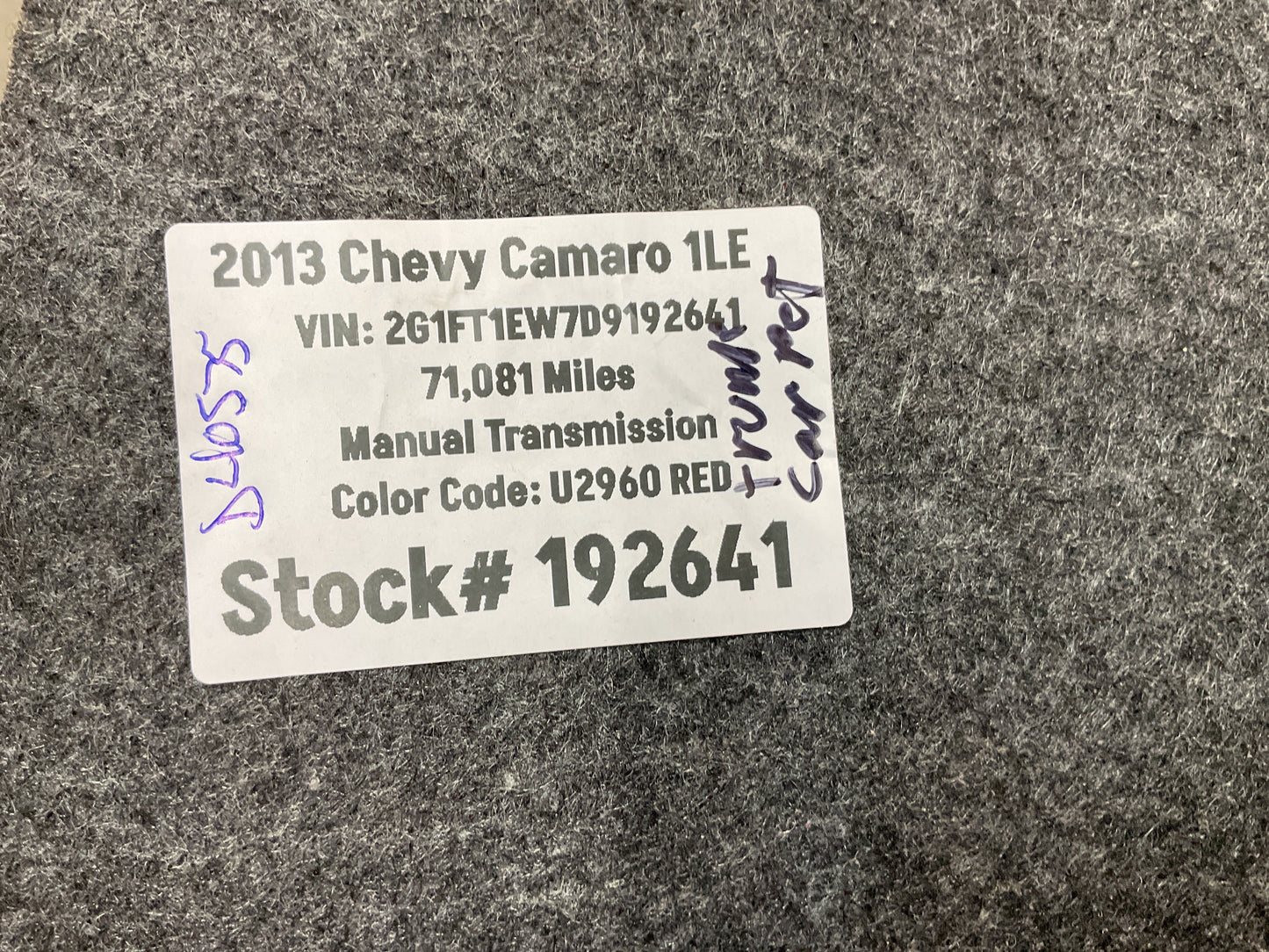 2013 Chevy Camaro 1LE Trunk Cargo Carpet Spare Tire Floor Cover OEM