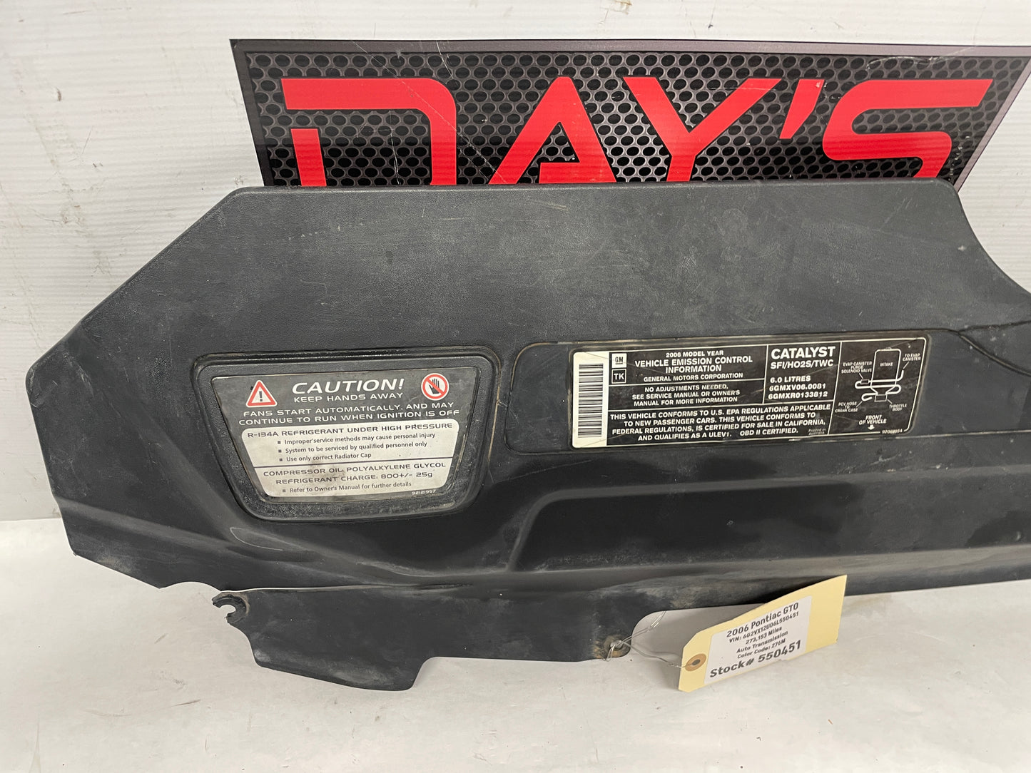 2006 Pontiac GTO Upper Radiator Core Support Cover Air Baffle Cover OEM - Day's Parts Yard