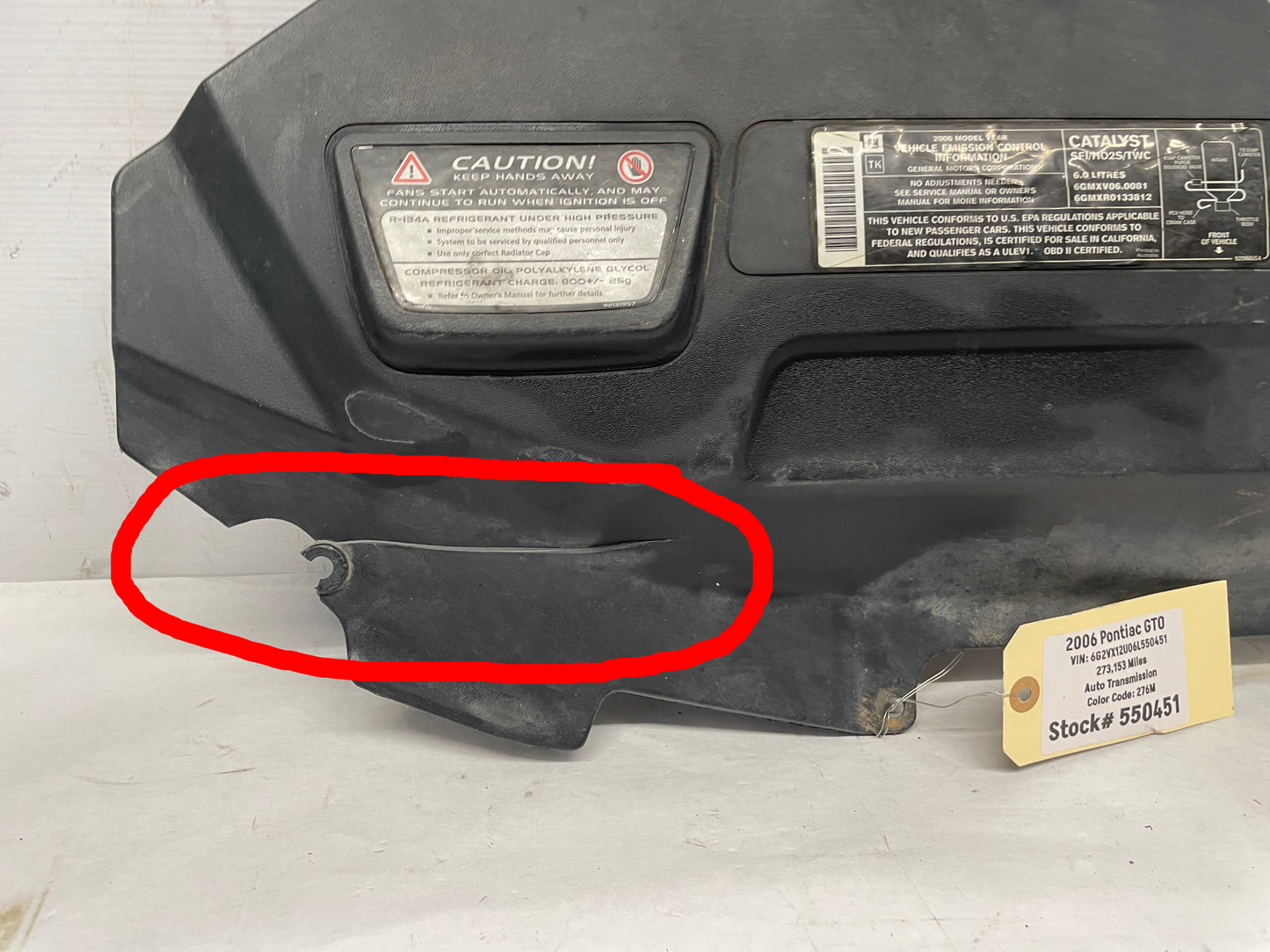 2006 Pontiac GTO Upper Radiator Core Support Cover Air Baffle Cover OEM - Day's Parts Yard