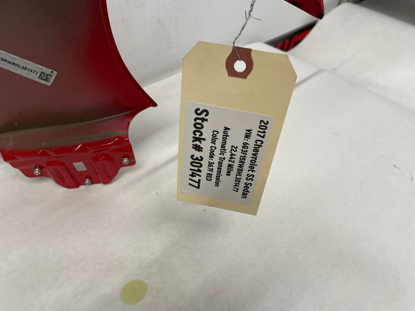 2017 Chevy SS Sedan LH Driver Fender DAMAGED Red OEM - Day's Parts Yard