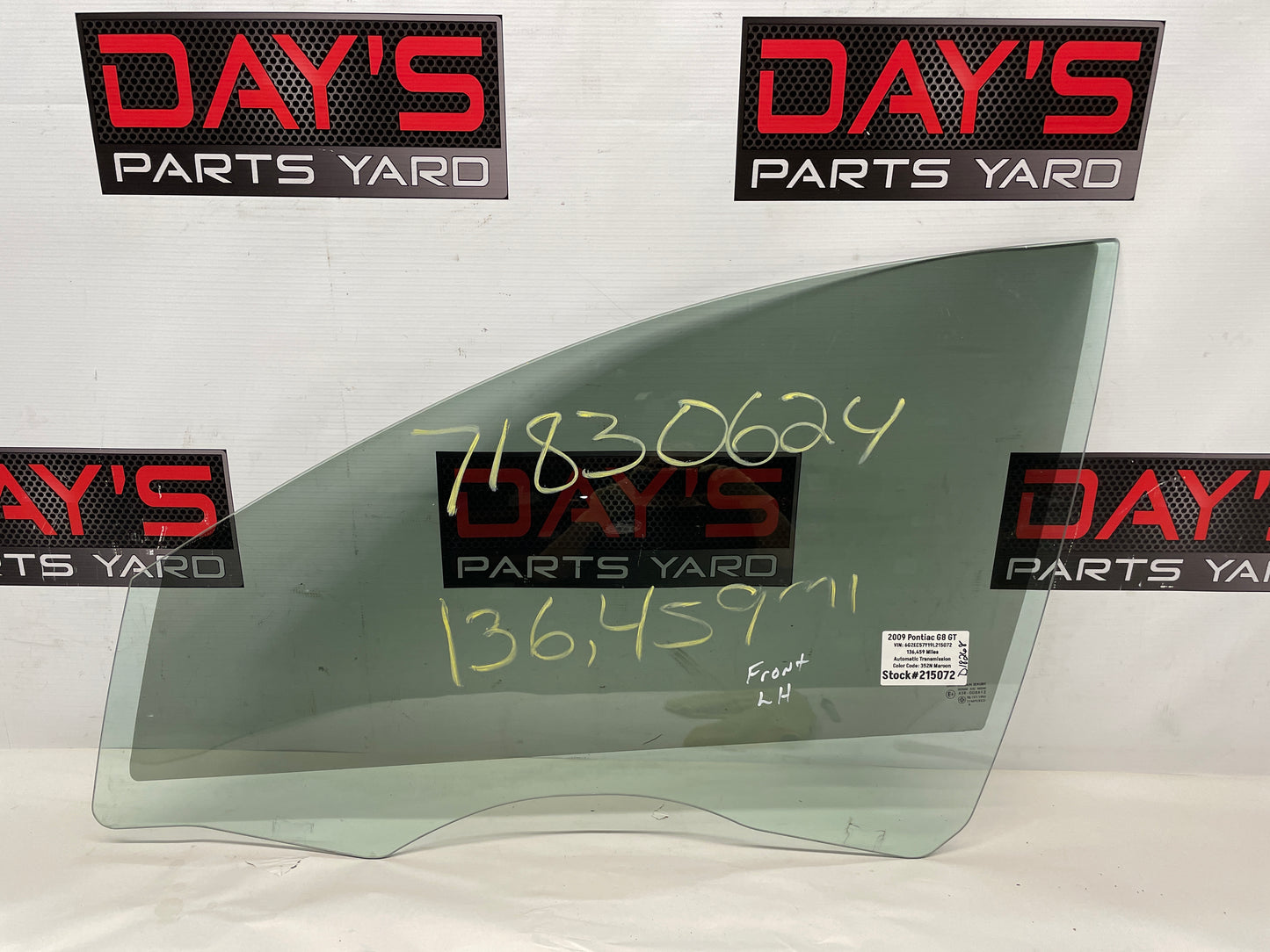 2009 Pontiac G8 GT LH Driver Front Door Window Glass OEM - Day's Parts Yard