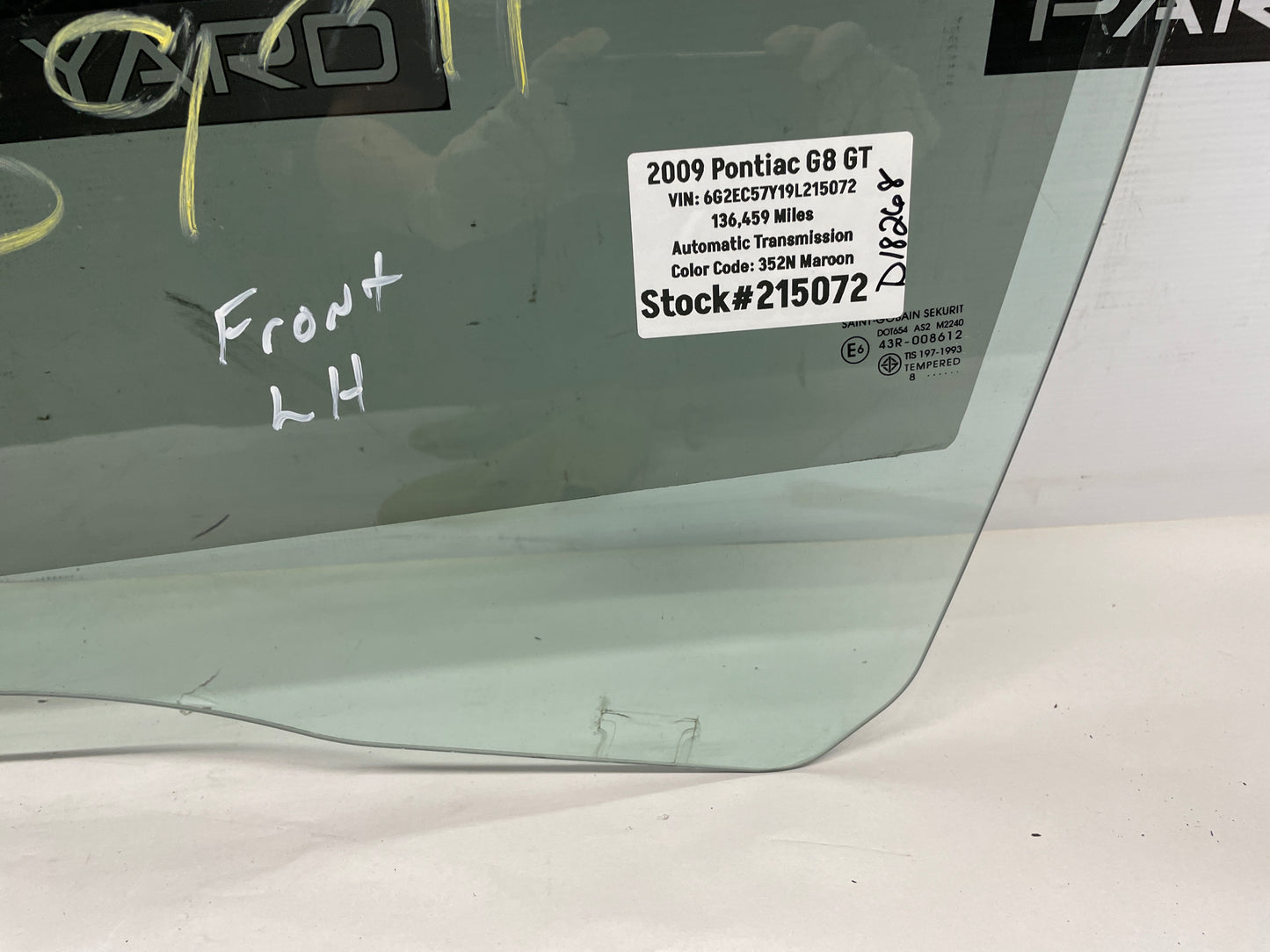 2009 Pontiac G8 GT LH Driver Front Door Window Glass OEM - Day's Parts Yard