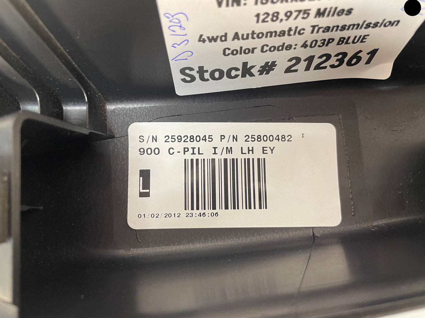 2012 Chevy Silverado K1500 LT LH Driver Rear Door Pillar Upper Trim Panel OEM - Day's Parts Yard