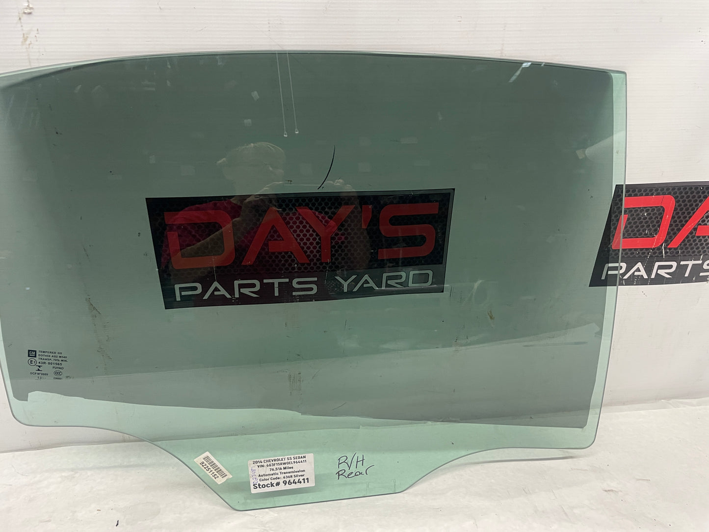 2014 Chevy SS Sedan RH Passenger Rear Door Window Glass OEM - Day's Parts Yard