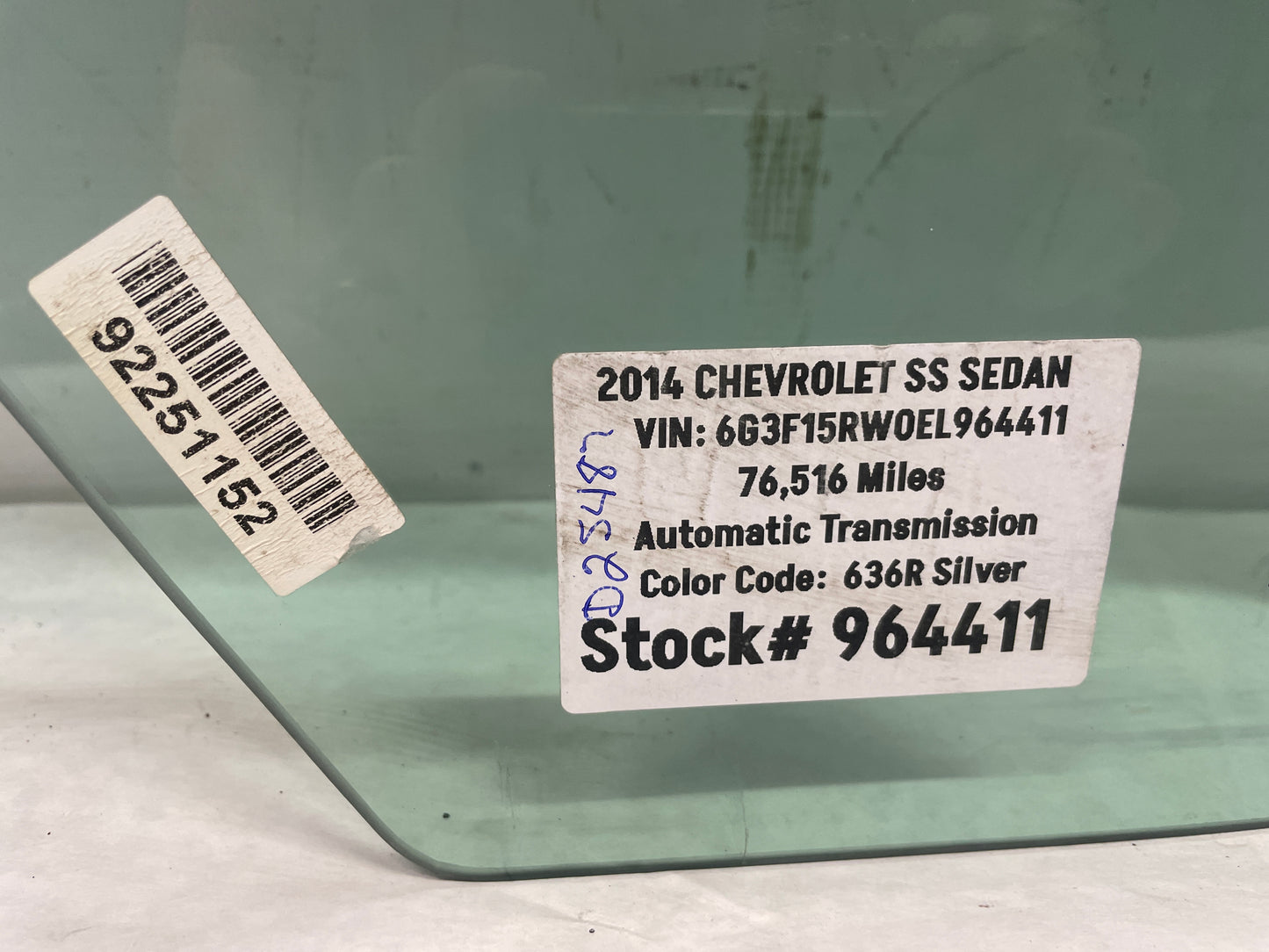 2014 Chevy SS Sedan RH Passenger Rear Door Window Glass OEM - Day's Parts Yard