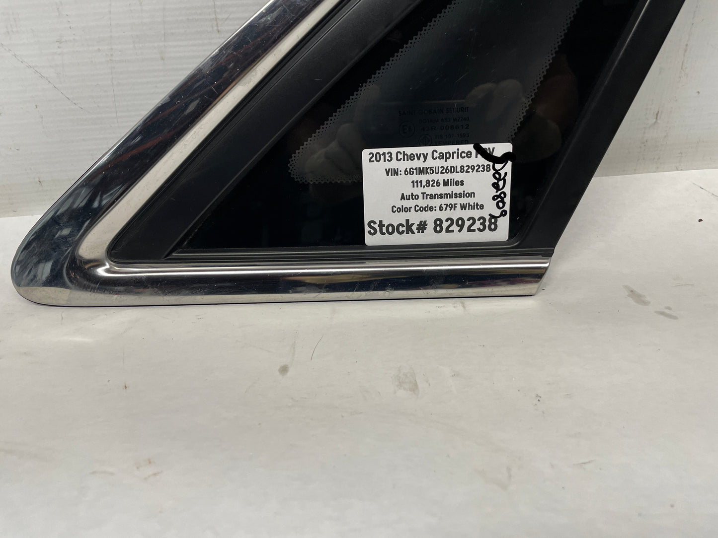 2013 Chevy Caprice PPV RH Passenger Quarter Window Glass OEM - Day's Parts Yard