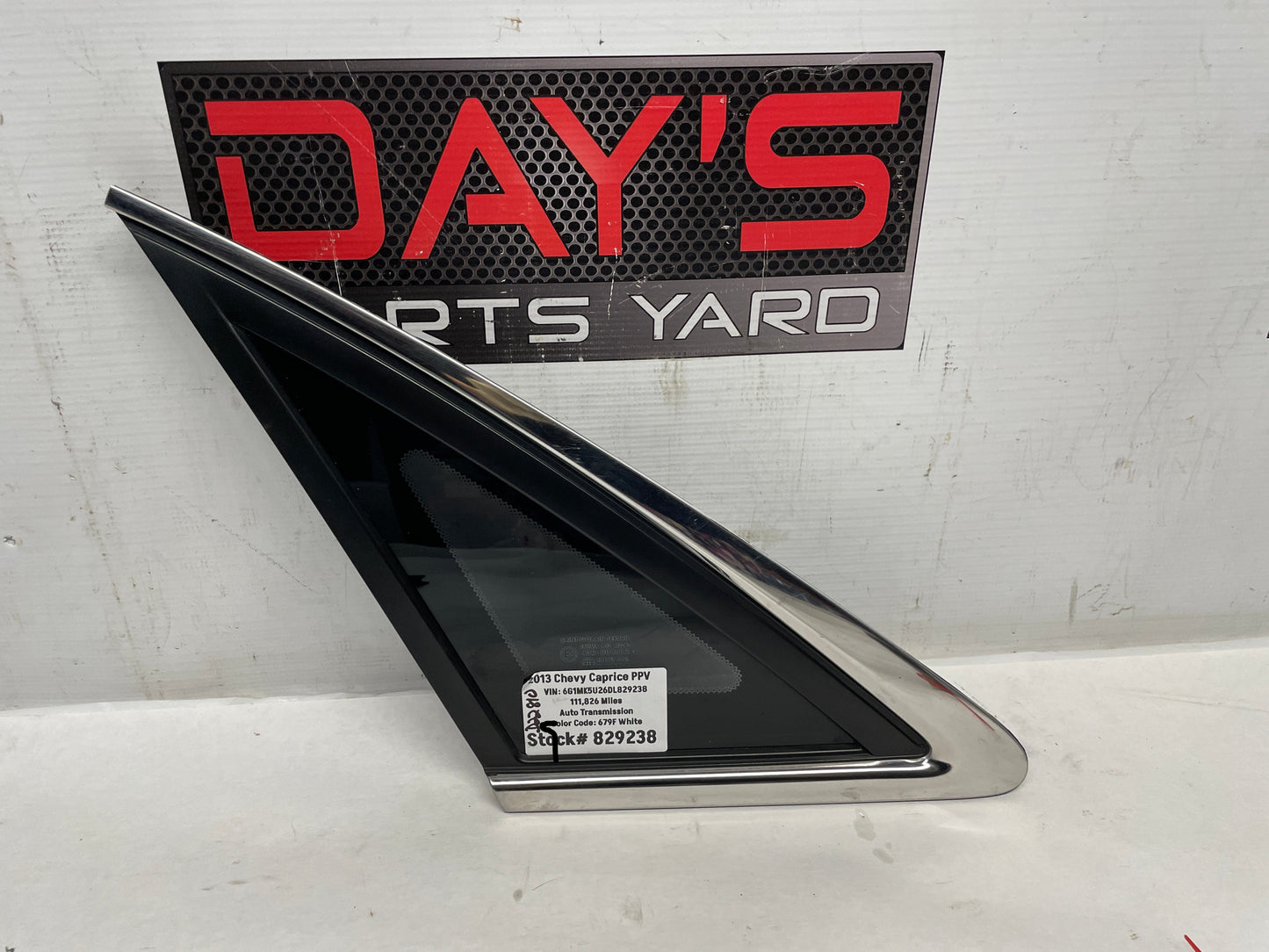 2013 Chevy Caprice PPV LH Driver Quarter Window Glass OEM - Day's Parts Yard