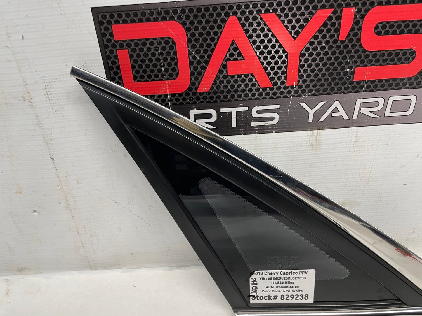 2013 Chevy Caprice PPV LH Driver Quarter Window Glass OEM - Day's Parts Yard