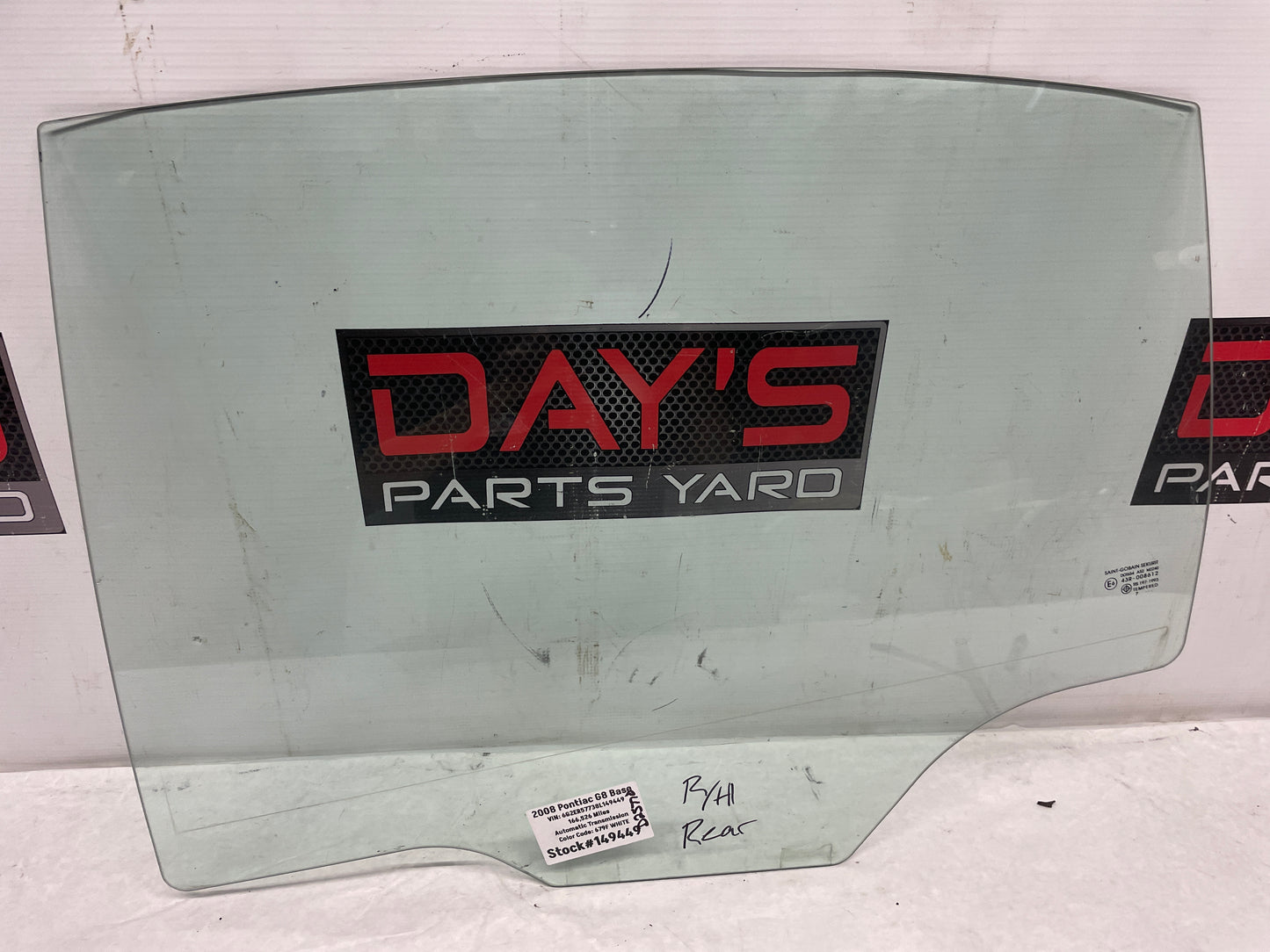 2008 Pontiac G8 Base RH Passenger Rear Door Window Glass OEM - Day's Parts Yard