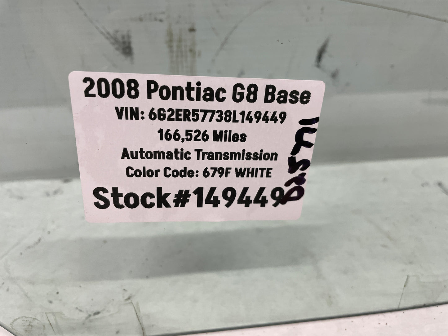 2008 Pontiac G8 Base LH Driver Rear Door Window Glass OEM - Day's Parts Yard