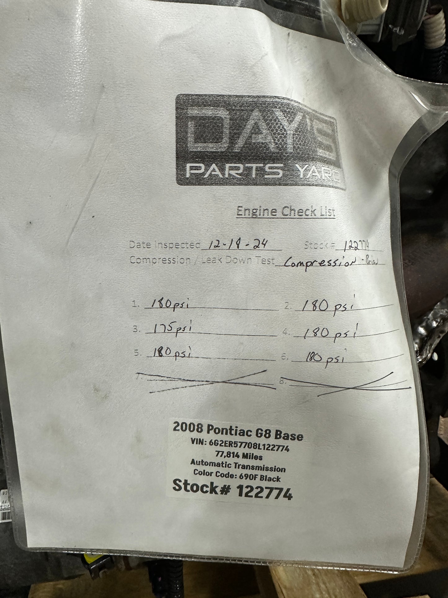 Pontiac G8 Base 3.6L LY6 V6 Engine Motor Assembly 77k - Day's Parts Yard