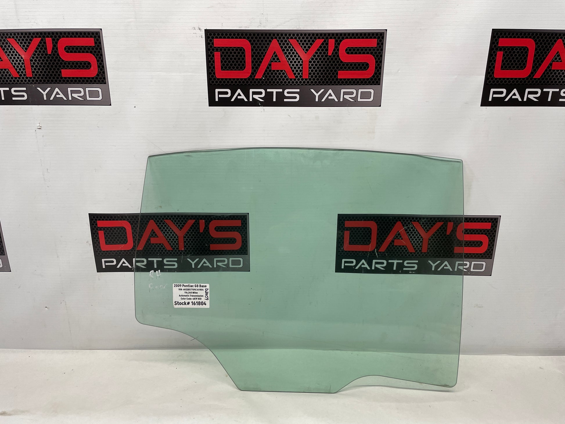 2009 Pontiac G8 RH Passenger Rear Door Window Glass OEM - Day's Parts Yard