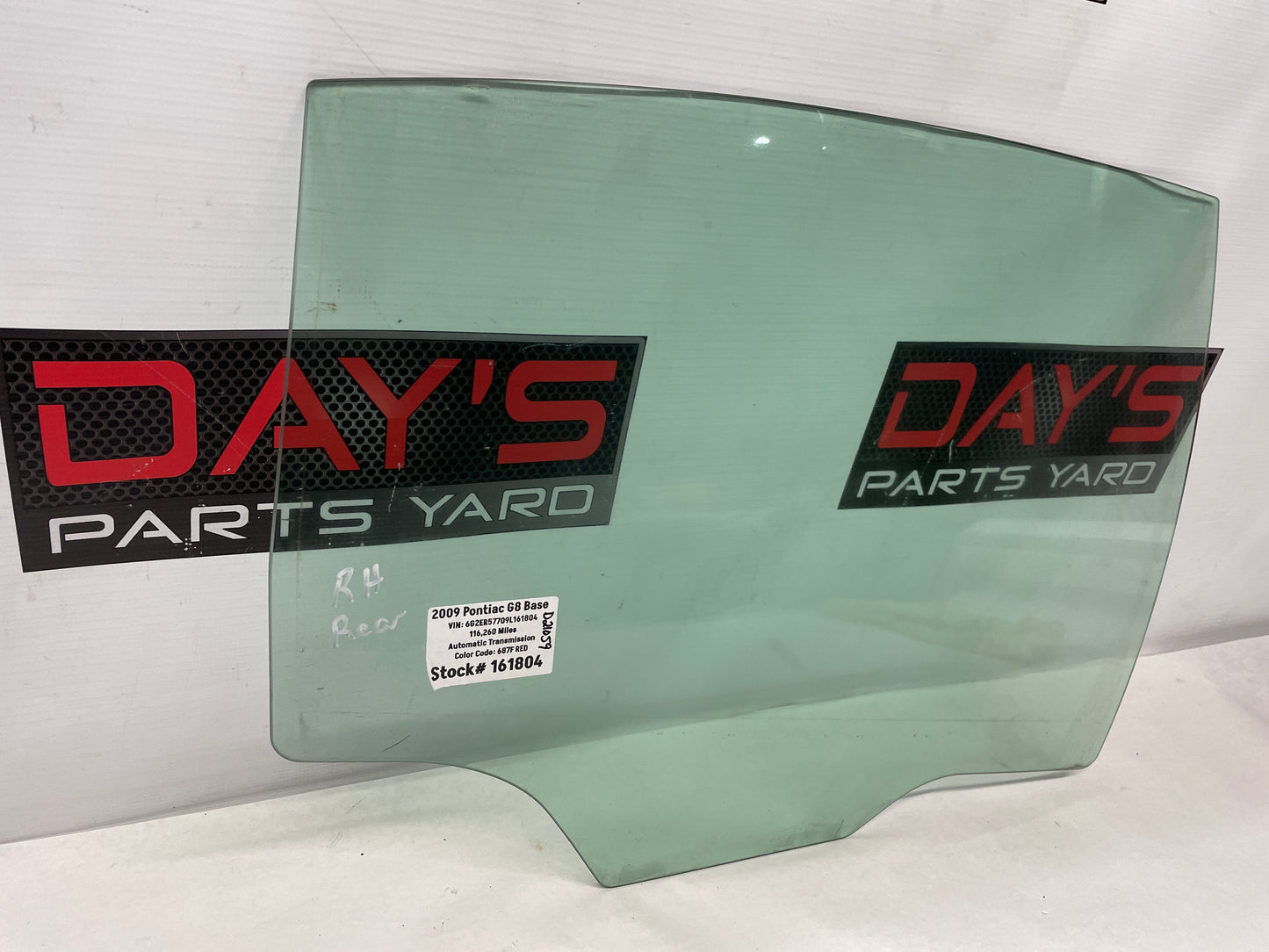 2009 Pontiac G8 RH Passenger Rear Door Window Glass OEM - Day's Parts Yard