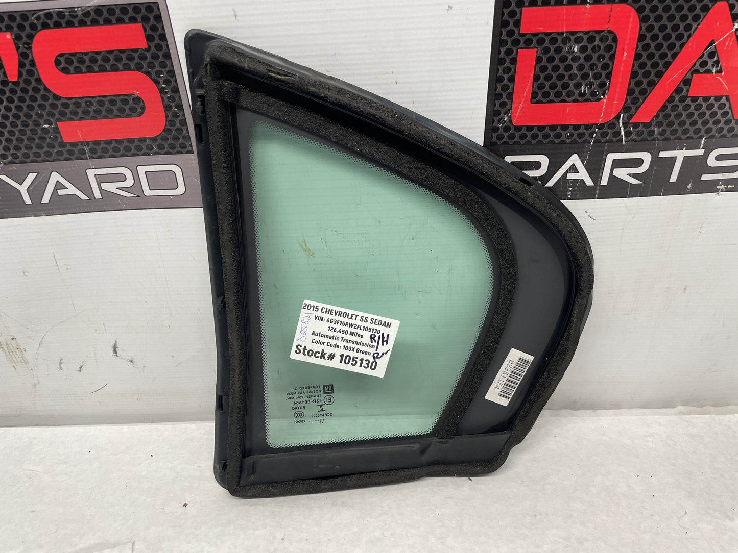 2015 Chevy SS Sedan RH Passenger Rear Door Quarter Glass Window OEM - Day's Parts Yard