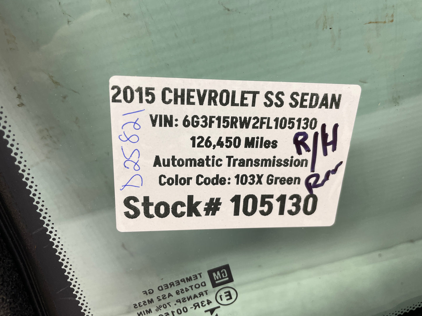 2015 Chevy SS Sedan RH Passenger Rear Door Quarter Glass Window OEM - Day's Parts Yard