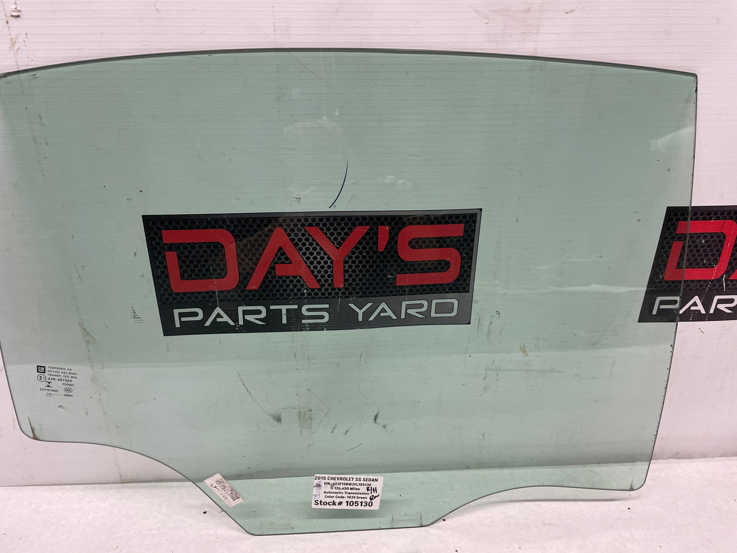 2015 Chevy SS RH Passenger Rear Door Window Glass OEM - Day's Parts Yard