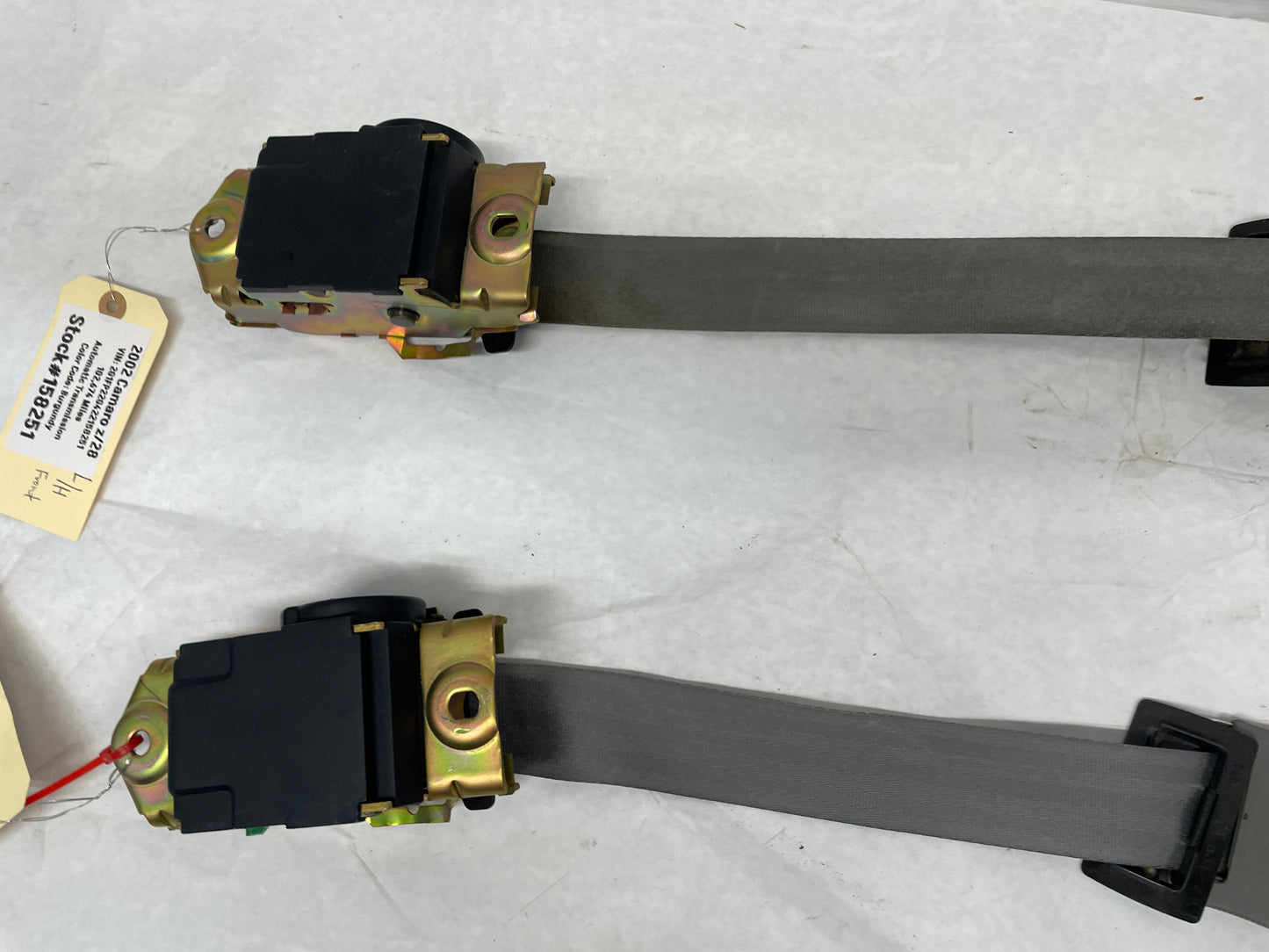 2002 Chevy Camaro Z28 Front Seatbelt Seat Belts Retractors w/ Buckles Holders Grey OEM - Day's Parts Yard
