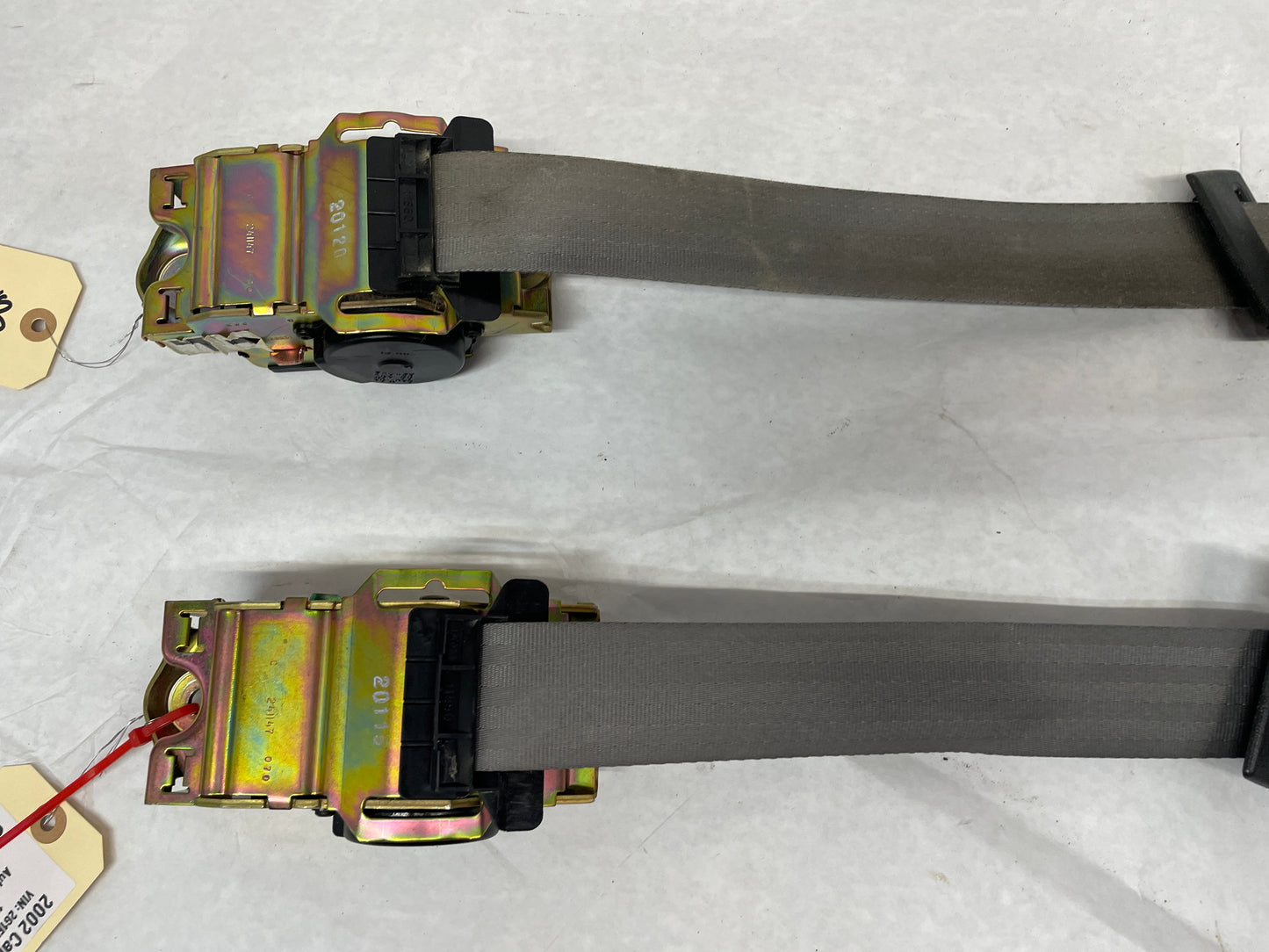 2002 Chevy Camaro Z28 Front Seatbelt Seat Belts Retractors w/ Buckles Holders Grey OEM - Day's Parts Yard