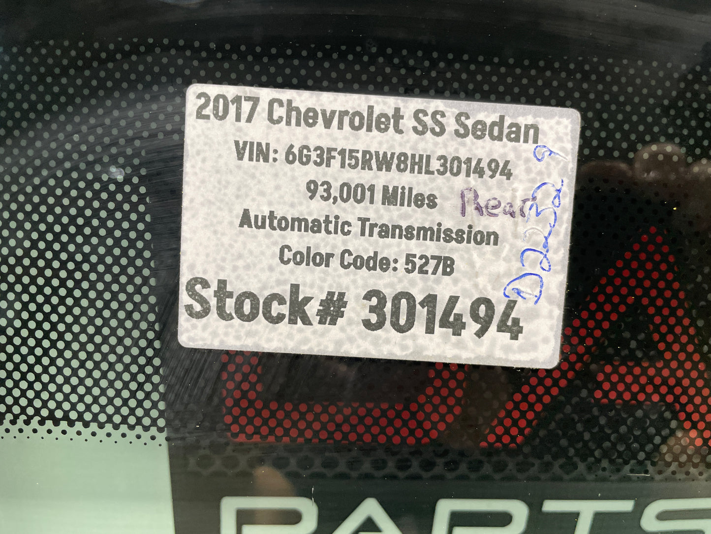 2017 Chevy SS Sedan Rear Back Glass Windshield Window OEM LOCAL PICK UP - Day's Parts Yard