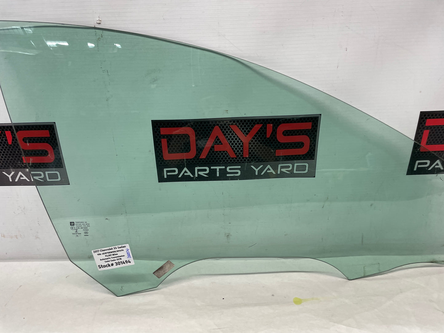 2017 Chevy SS Sedan RH Passenger Front Door Window Glass OEM - Day's Parts Yard