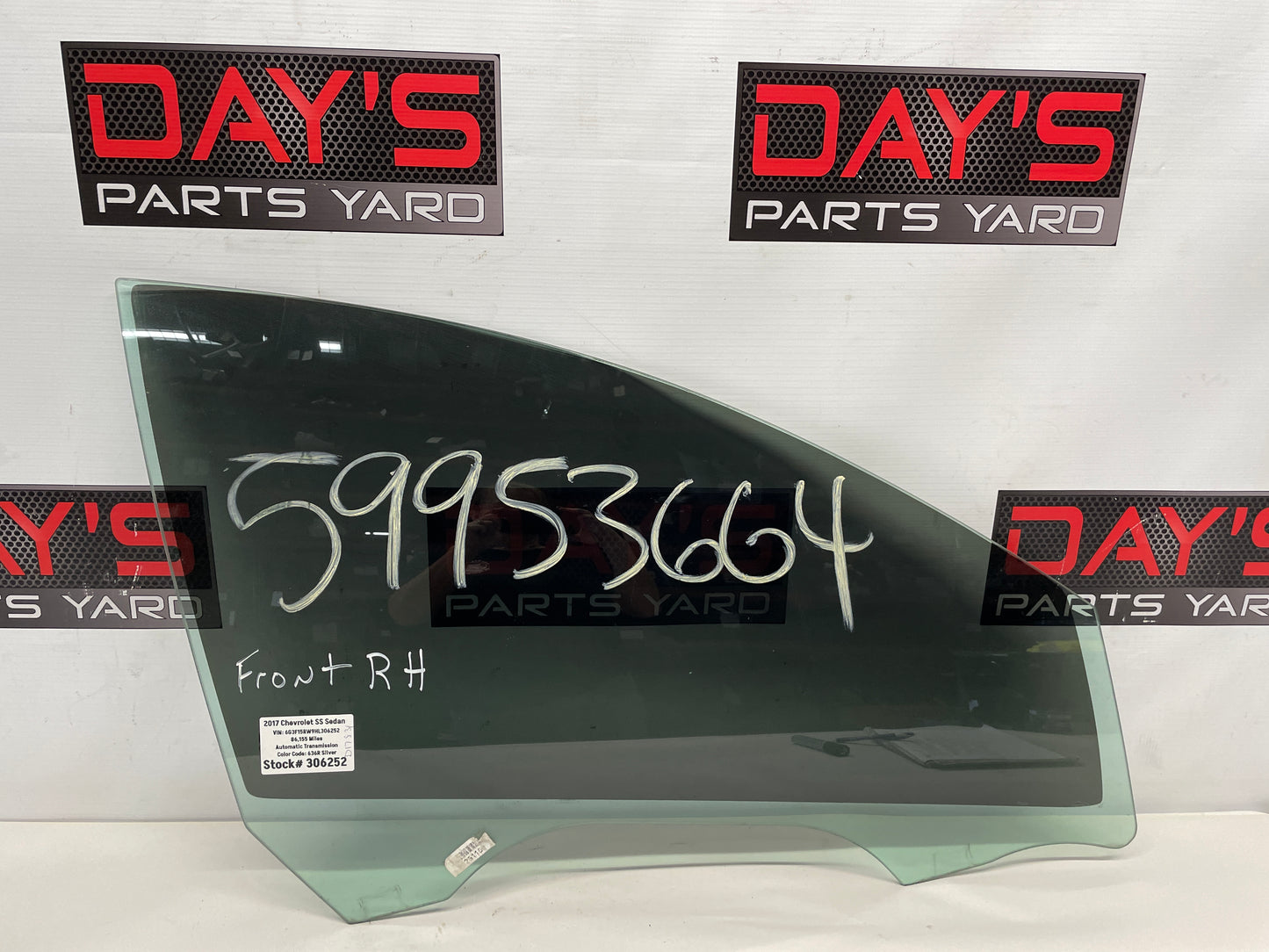 2017 Chevy SS Sedan RH Passenger Front Door Window Glass OEM - Day's Parts Yard