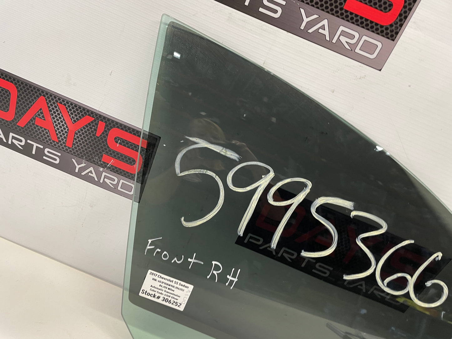 2017 Chevy SS Sedan RH Passenger Front Door Window Glass OEM - Day's Parts Yard