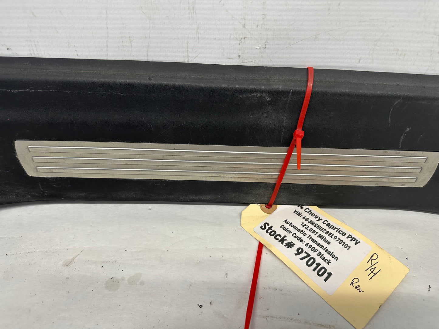2014 Chevy Caprice PPV RH Passenger Rear Scuff Sill Plate Panel Trim OEM - Day's Parts Yard
