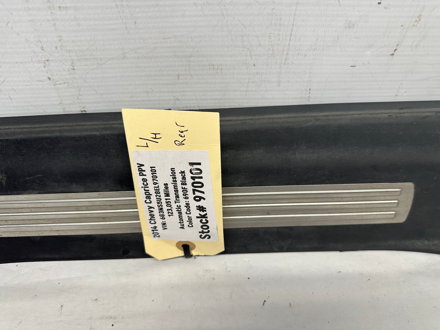2014 Chevy Caprice PPV LH Driver Rear Scuff Sill Plate Panel Trim OEM - Day's Parts Yard