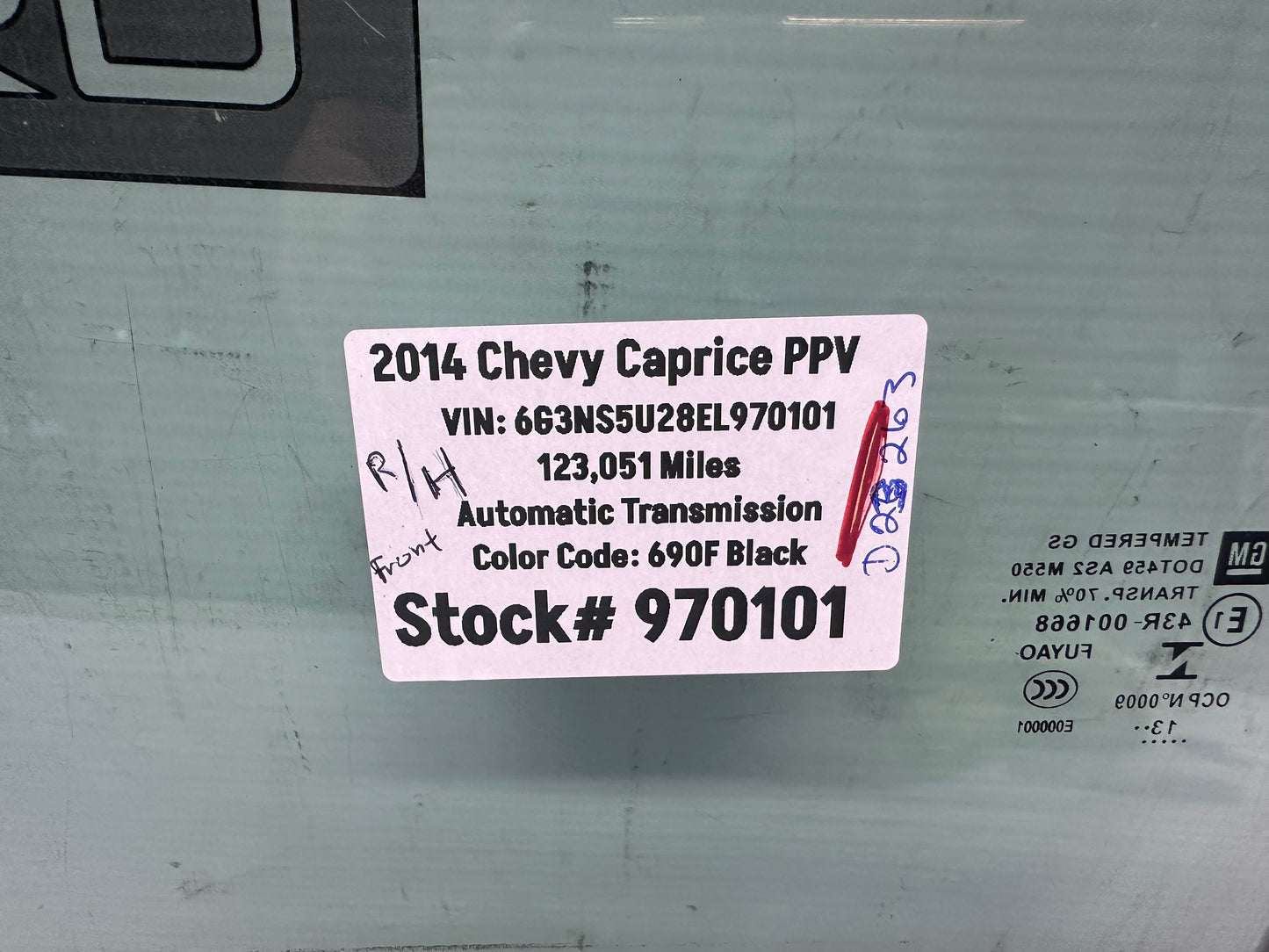 2014 Chevy Caprice PPV RH Passenger Front Door Window Glass OEM - Day's Parts Yard