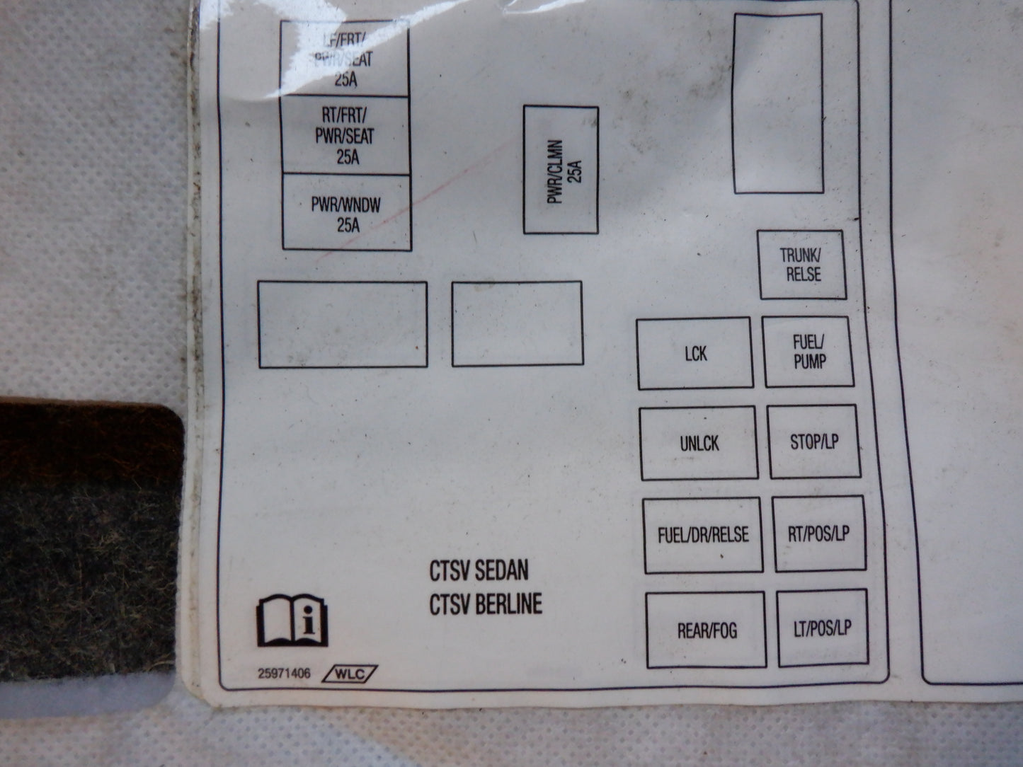 2009 Cadillac CTS-V Sedan Fuse Box Cover Interior 25971406 OEM - Day's Parts Yard