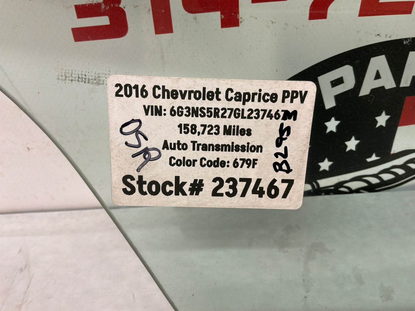 2016 Chevy Caprice PPV LH Driver Rear Door Window Glass OEM