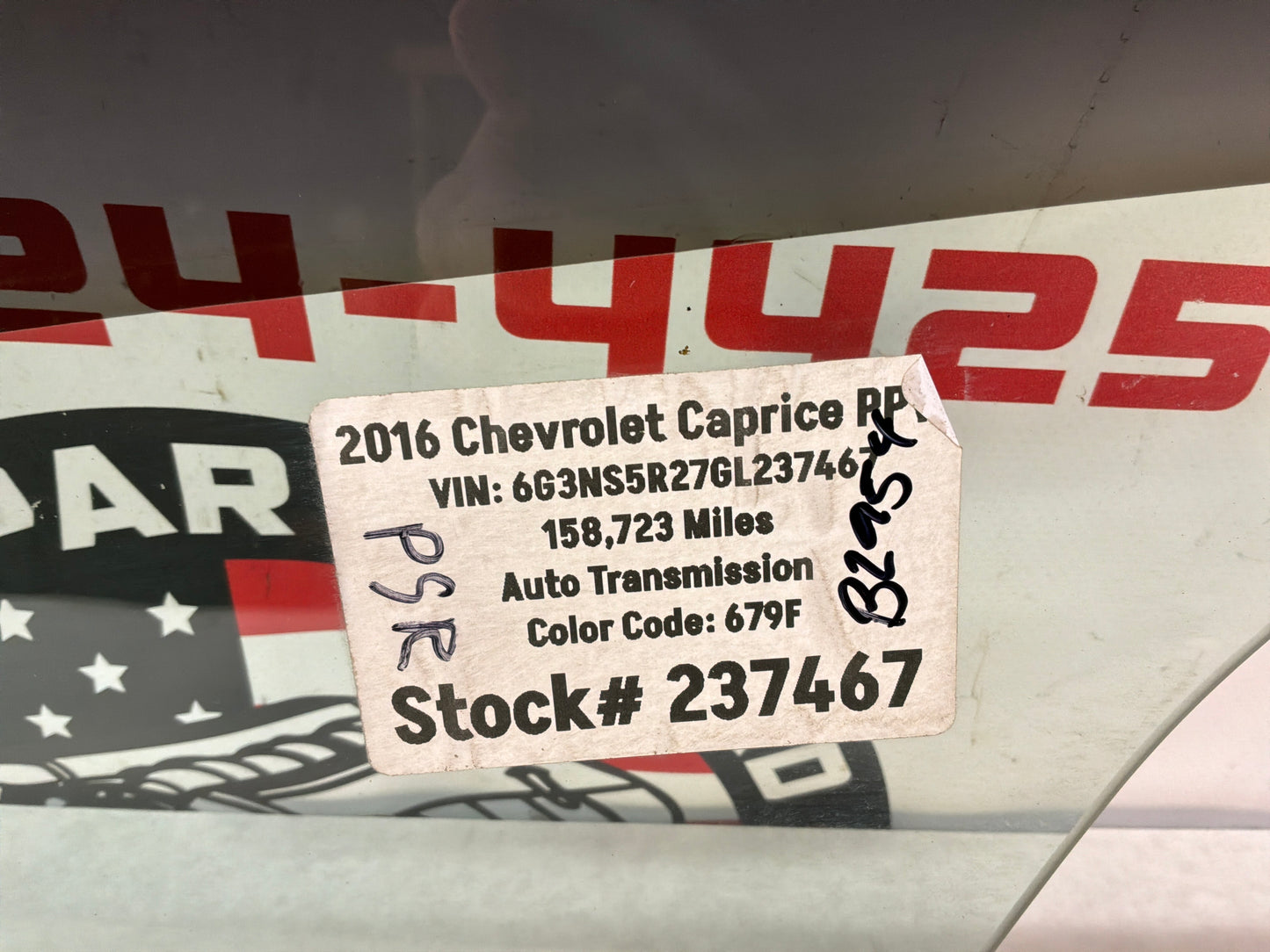 2016 Chevy Caprice PPV RH Passenger Rear Door Window Glass OEM