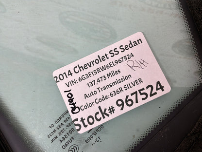 2014 Chevy SS Sedan RH Passenger Rear Quarter Window Glass OEM