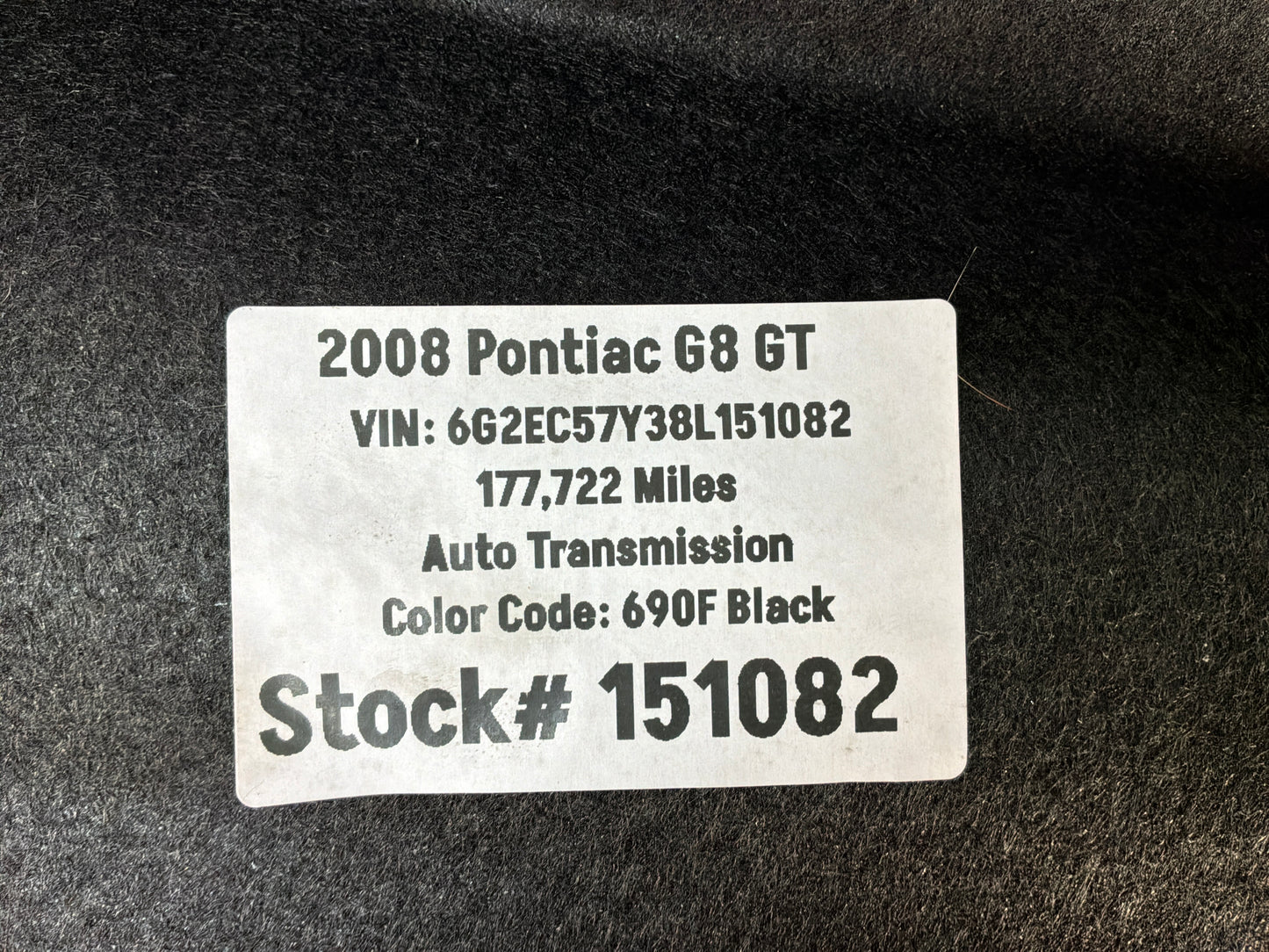 2008 Pontiac G8 GT Rear Seat Flip Down Ski Port Felt Carpet Cover OEM