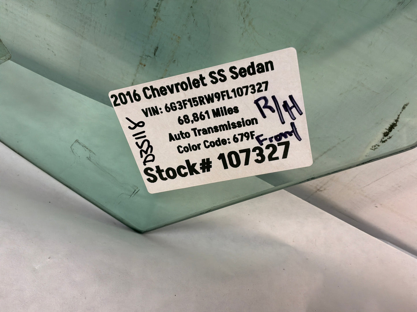 2015 Chevy SS Sedan RH Passenger Front Door Window Glass OEM - Day's Parts Yard