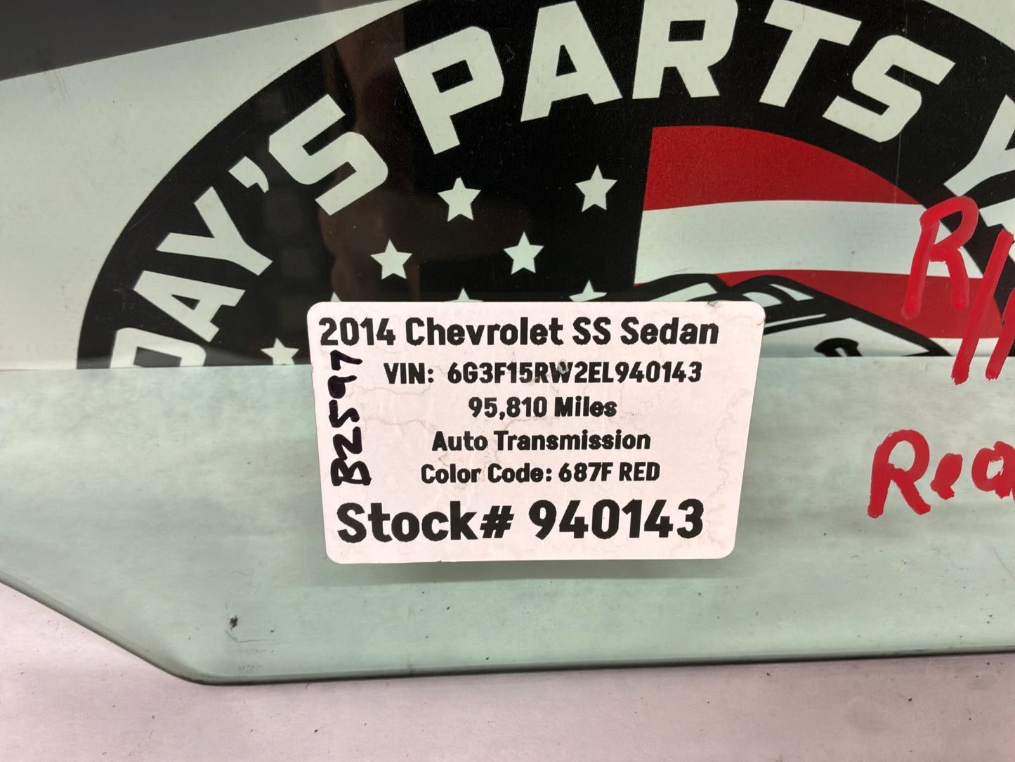 2014 Chevy SS RH Passenger Rear Door Window Glass OEM