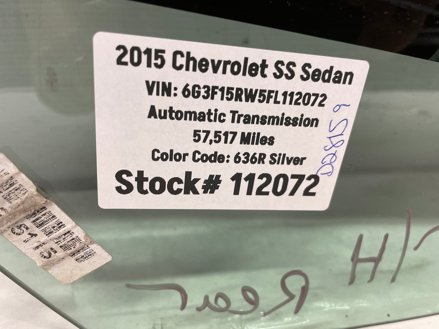 2015 Chevy SS Sedan RH Passenger Rear Door Window Glass OEM - Day's Parts Yard