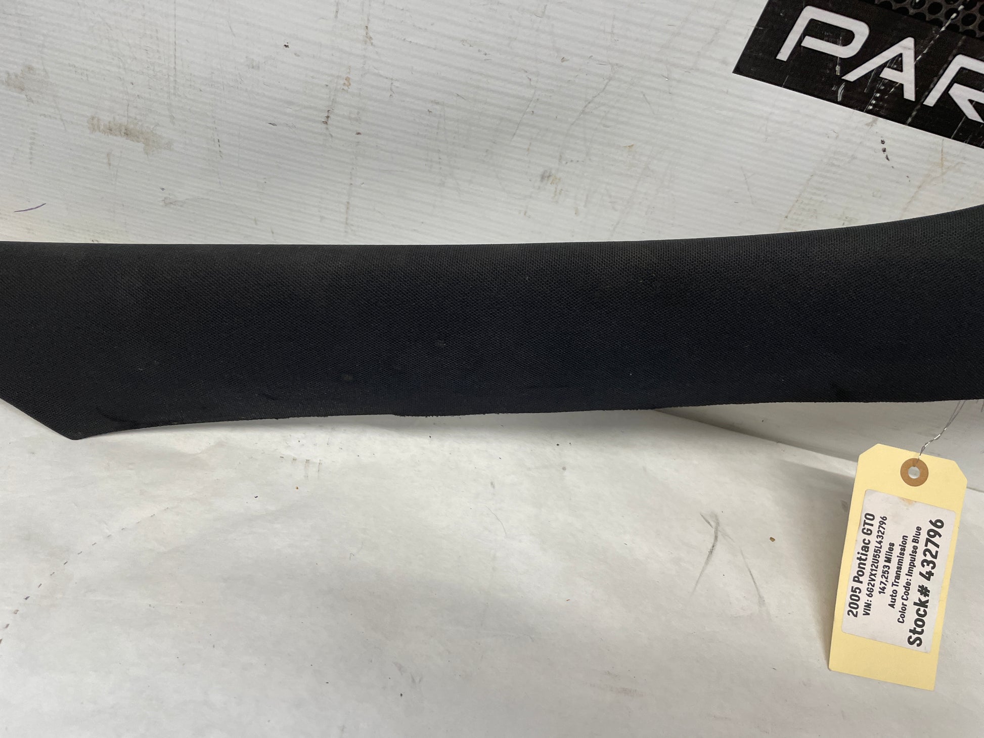 2005 Pontiac GTO RH Passenger A Pillar Windshield Trim Top Roof Cover Panel OEM - Day's Parts Yard