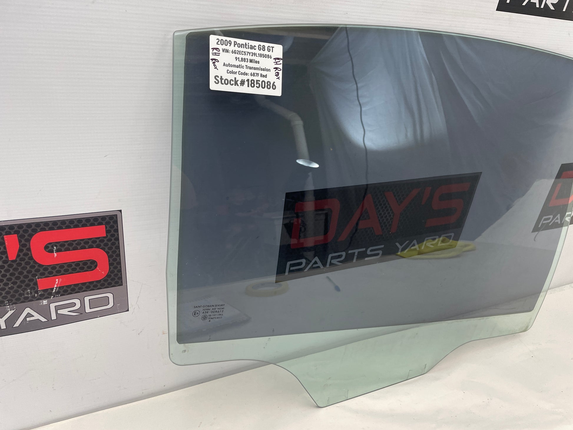 2009 Pontiac G8 GT Rear RH Passenger Door Window Glass OEM - Day's Parts Yard