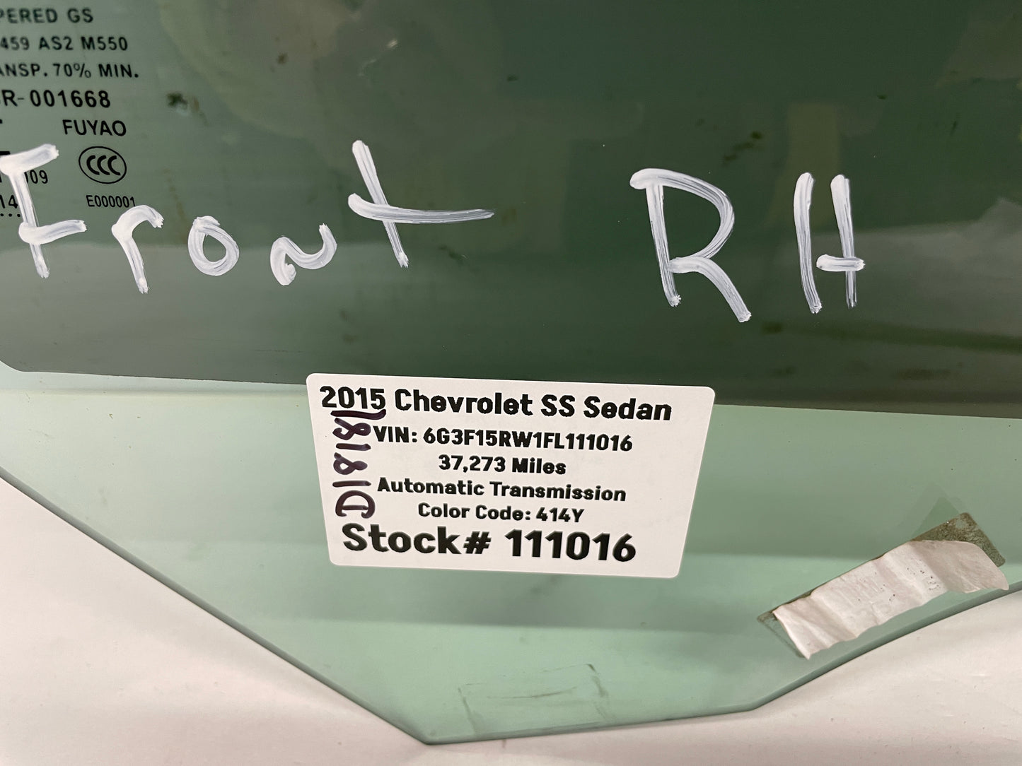 2015 Chevy SS Sedan RH Passenger Front Door Window Glass OEM - Day's Parts Yard