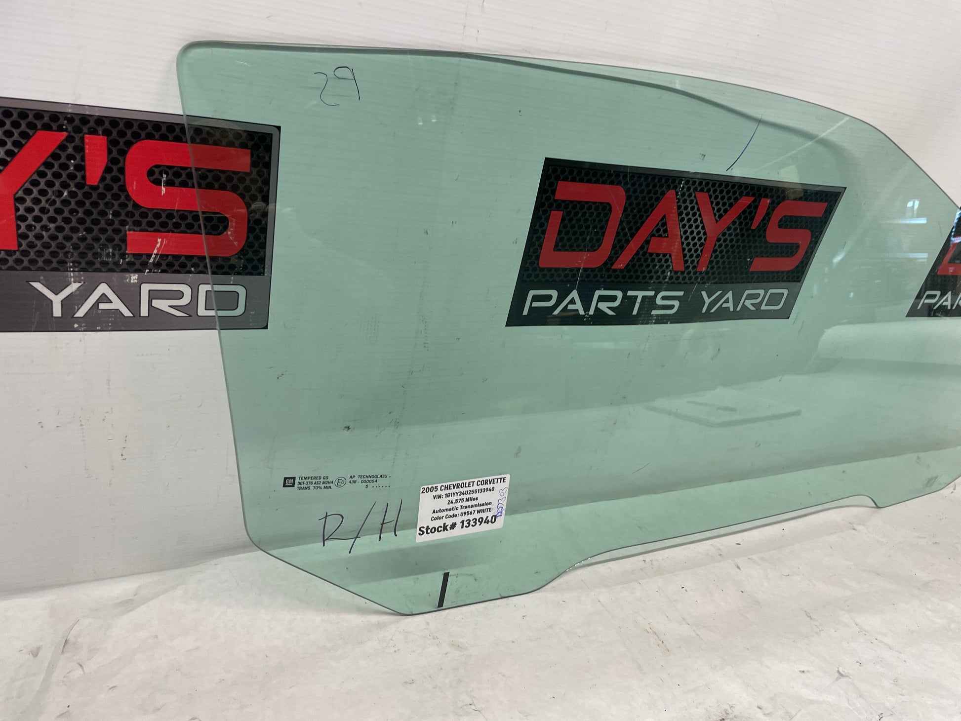 2005 Chevy C6 Corvette RH Passenger Door Window Glass OEM - Day's Parts Yard