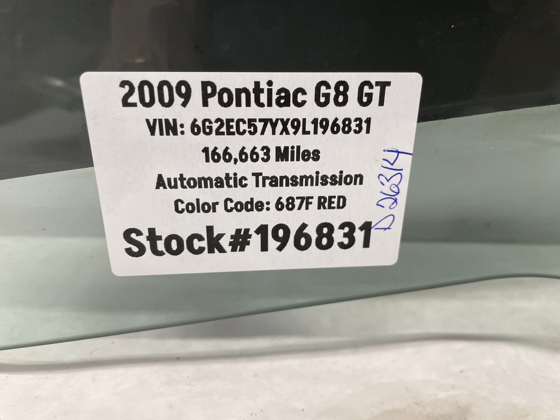 2009 Pontiac G8 GT LH Driver Rear Door Window Glass OEM - Day's Parts Yard