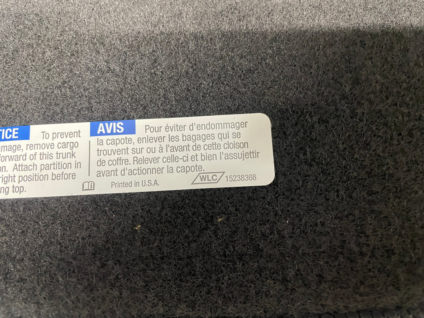 2005 Chevy C6 Corvette Convertible Cargo Trunk Divider Partition Panel Barrier OEM - Day's Parts Yard