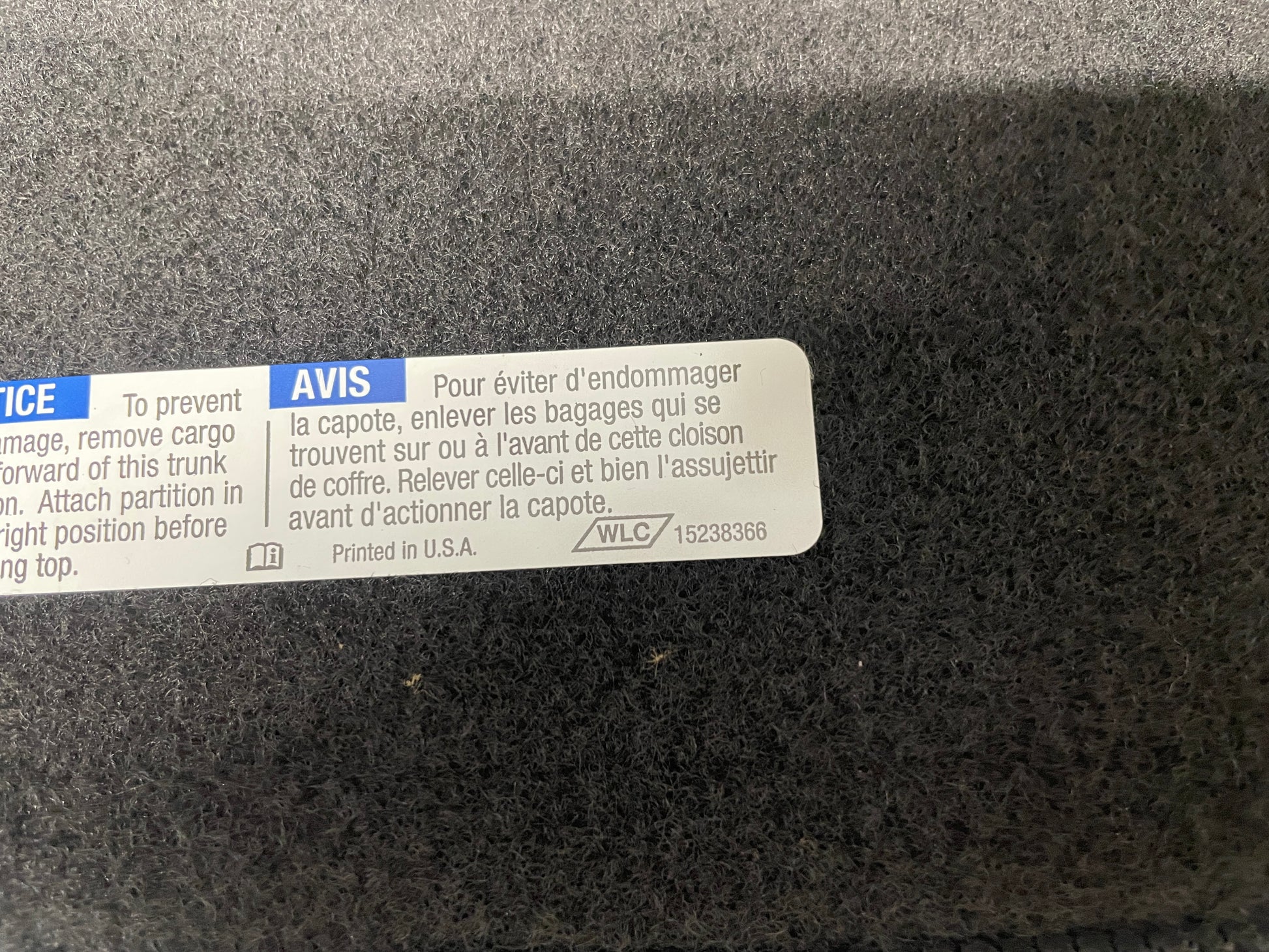 2005 Chevy C6 Corvette Convertible Cargo Trunk Divider Partition Panel Barrier OEM - Day's Parts Yard