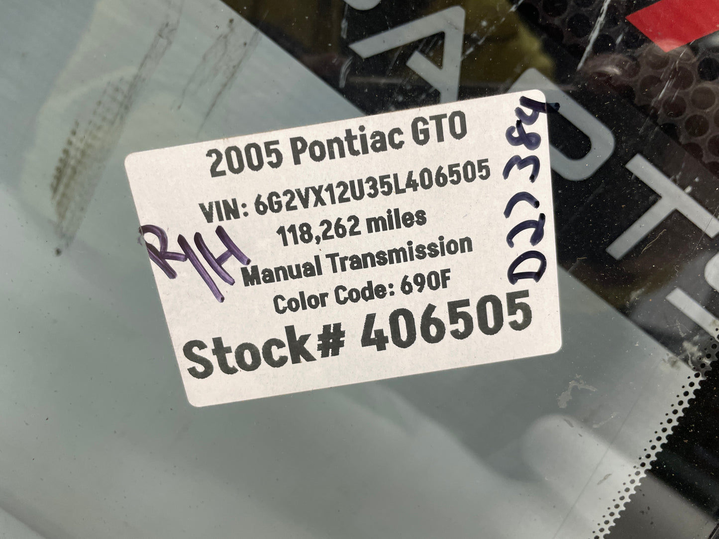 2005 Pontiac GTO RH Passenger Front Door Window Glass OEM - Day's Parts Yard