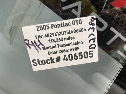 2005 Pontiac GTO RH Passenger Front Door Window Glass OEM - Day's Parts Yard