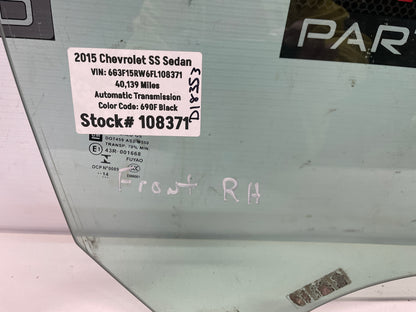 2015 Chevy SS Sedan RH Passenger Front Door Window Glass OEM - Day's Parts Yard