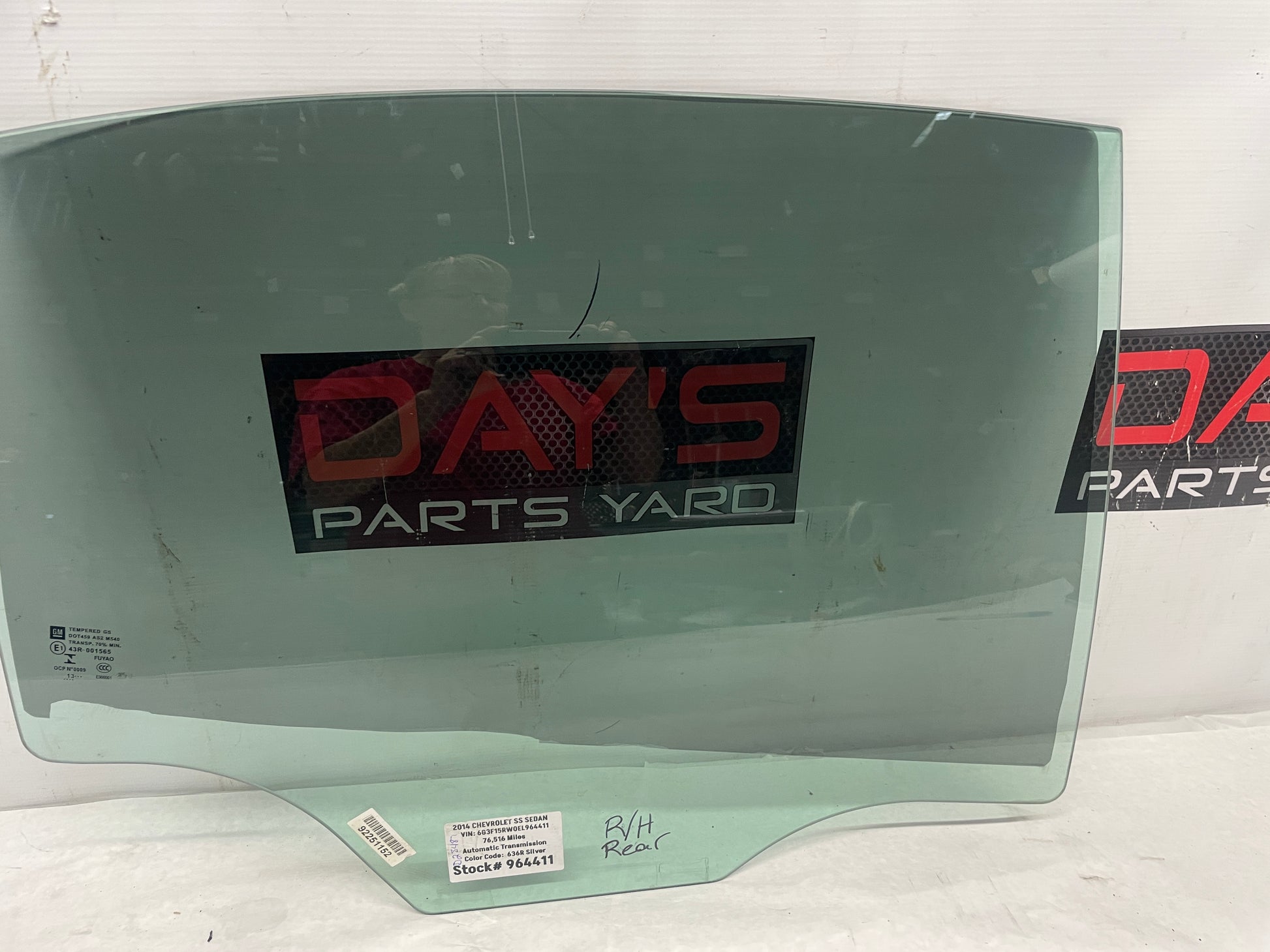 2014 Chevy SS Sedan RH Passenger Rear Door Window Glass OEM - Day's Parts Yard